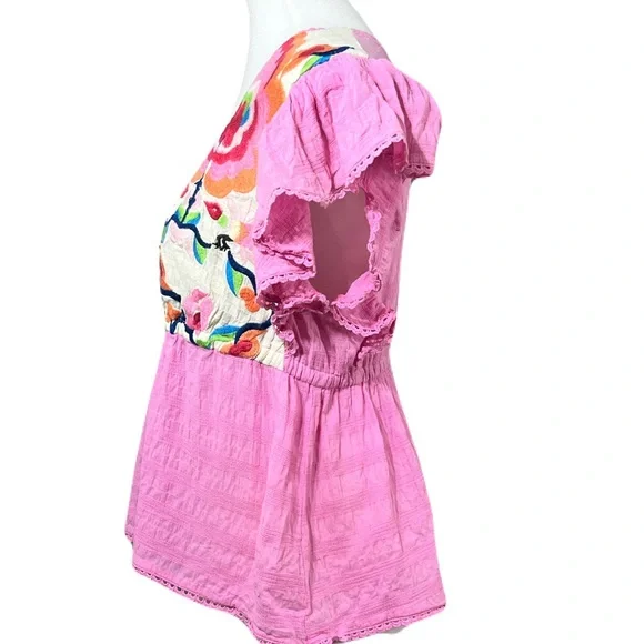 Anthro Plenty Tracy Reese Pink Embroidered Boho Top XL - Picture 7 of 10